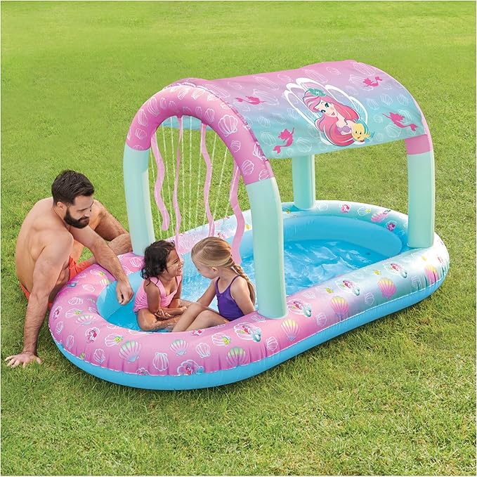 SwimWays Disney Princess Ariel Water Castle Deluxe Inflatable Pool, Above Ground Pool with Canopy and Fast Inflation for Kids Aged Aged 3 & Up
