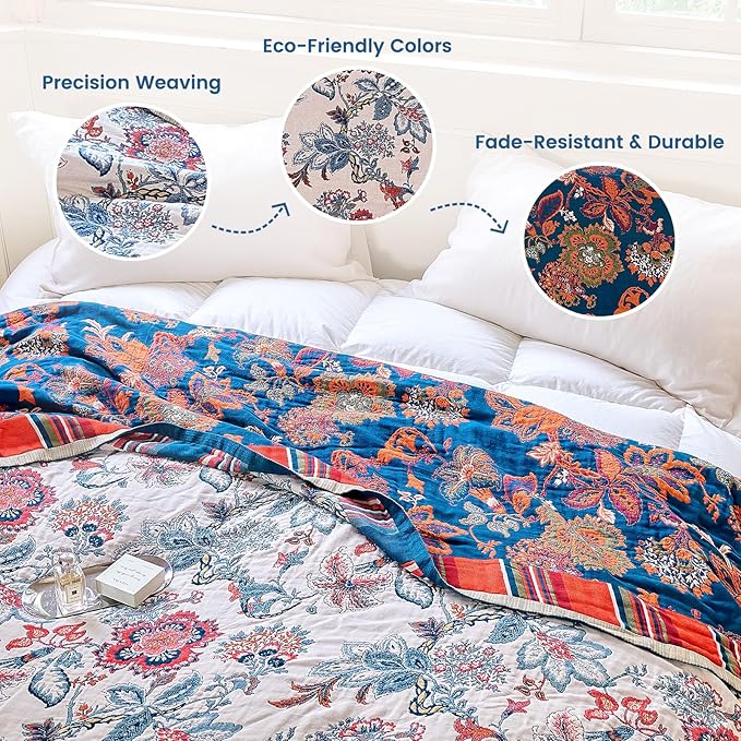MSGKV Boho Throw Blanket 50"x60" 100% Cotton Farmhouse Floral Throw Blanket | 100% Cotton Muslin, Botanical Throw Blanket, Reversible Weave, Soft & Breathable, Vintage Floral Style, Machine Washable