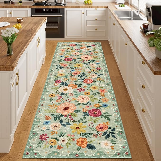 DUKINO 3x10 Runner Rug, Floral Washable Kitchen Runner Rug Non Slip, Green | Soft, Low Pile, Stain Resistant Indoor Rug Runner for Hallway, Entryway, Bedroom, Bathroom, Modern Home Decor, Pet Friendly