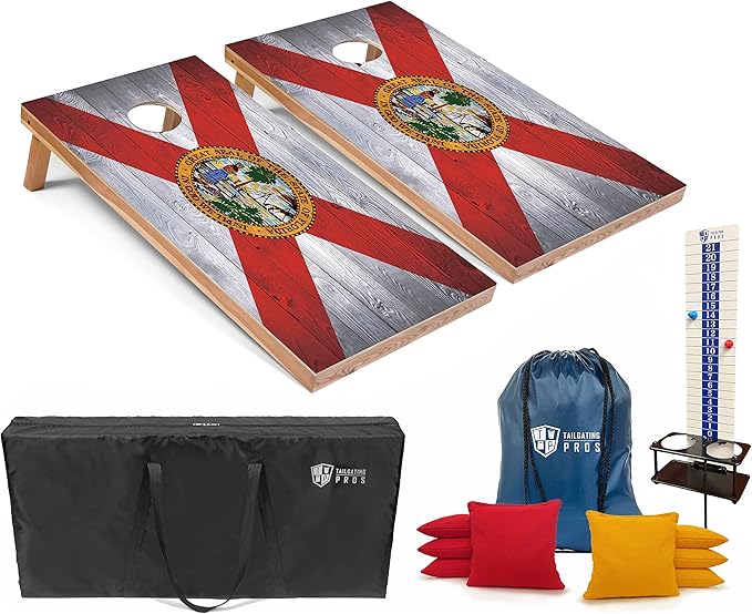 Tailgating Pros 4x2 Regulation Cornhole Boards Flag Set- Includes 8 Bean Bags, Carrying Cases, and Score Keeper - Optional LED Lights
