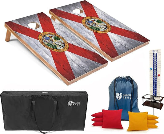 Tailgating Pros 4x2 Regulation Cornhole Boards Flag Set- Includes 8 Bean Bags, Carrying Cases, and Score Keeper - Optional LED Lights