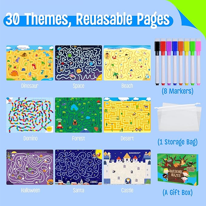 Dry Erase Mazes Game Pad, 30 Mazes Reusable & Erasable Book, Fun Brain Challenge Games Interesting Educational Toy and Learning Tool for Road Trip Airplane Travel