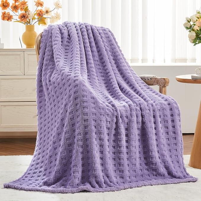 NEWCOSPLAY 3D Waffle Checkered Flannel Queen Blanket, Lavender, 90"x90" | Super Soft Cute Lightweight Decorative Premium Silky Fleece Blanket for Couch Sofa Bed, Gift for Women Men, All Season Use