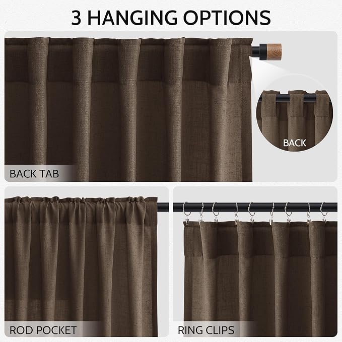 Nanspring Chocolate Linen Blend Light Filtering Back Tab Curtains 102 Inches Long, Semi Sheer Privacy Drapes for Living Room & Bedroom, 52x102 inch, 2 Panels