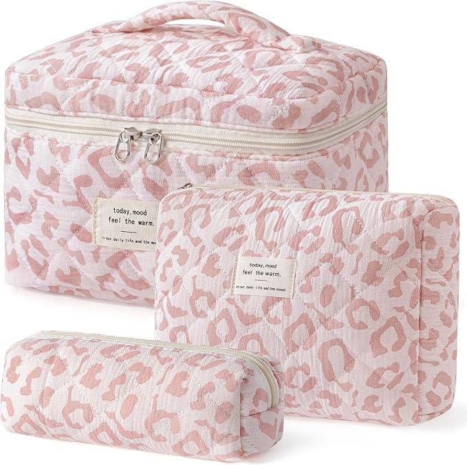 HBselect Quilted Makeup Bag, 3PCS Cotton Large Travel Makeup Bag, Cute Floral Coquette Make up Bag Cosmetic Bag Toiletry Bag for Women Girls