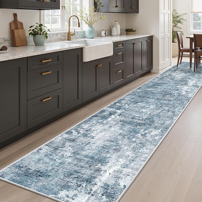 Soalmost Abstract Runner Rug 2x10 Hallway Kitchen Runners Blue/Grey | Stain Resistant Vintage Rugs for Bathroom Laundry Room, Low Pile Foldable Floor Carpet Mat for Entryway Corridor Bedroom