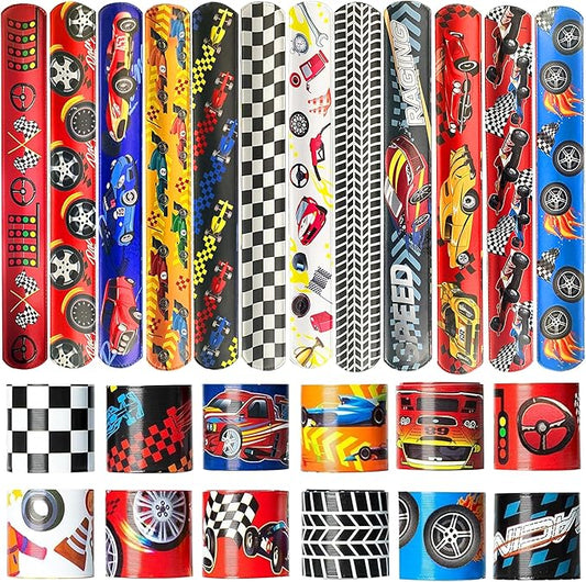 24 Pcs Race Car Party Decorations Favors Racing Bracelet Racing Wristbands Bracelet Checkered Slap Bracelets Dirt Bike Task Game Decorations Car Birthday Party Supplies