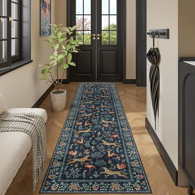 DUKINO 2.6x10 Washable Runner Rug Non Slip Animal Rug for Hallway Navy Blue | Soft, Low Pile, Non-Shedding Indoor Carpet Runner for Entryway, Kitchen, Bedroom, Bathroom, Pet Friendly, Stain Resistant