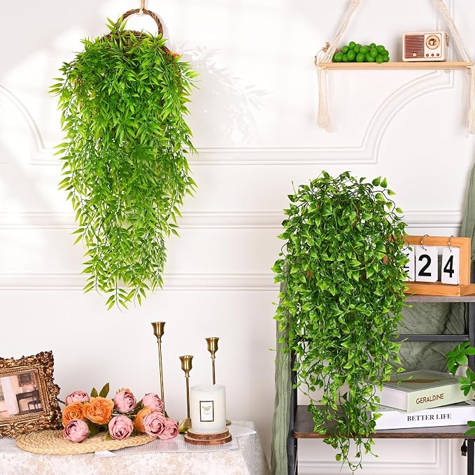 Waipfaru 4Pcs Artificial Hanging Plants, Fake Vines Boston Ivy | Fake Hanging Plants UV Resistant Ivy Artificial Plants Faux Plants Indoor Living Room Boho Wall Porch Shelf Decor
