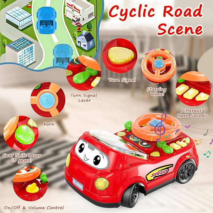 2-in-1 RC Car & Steering Wheel Toy, Musical Toddler Car, Interactive Simulation Driving Toys for 18+ Months Baby Learning, Gift for 1 2 3 4 5+ Years Old Boys Girls