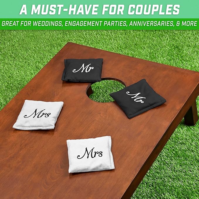 GoSports Wedding Theme Cornhole Bag Set - Includes 4 Black Mr Bags and 4 White Mrs Bags
