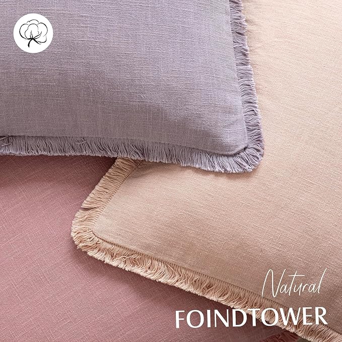 Foindtower Set of 2 Decorative Linen Fringe Throw Pillow Covers Cozy Boho Farmhouse Cushion Cover with Tassels Soft Accent Pillowcase for Couch Sofa Bed Living Room Home Decor,18×18 Inch,Light Purple