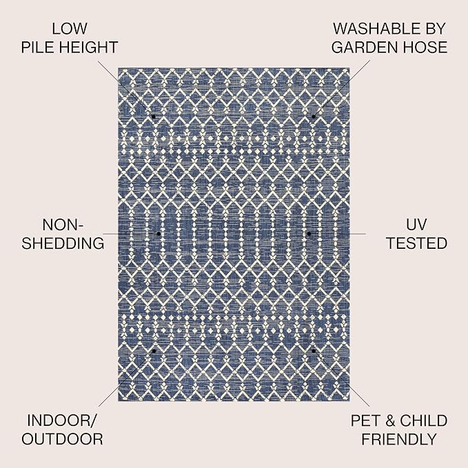 JONATHAN Y Moroccan Geometric Indoor Outdoor Round Area Rug 5 Ft Navy/Beige, Ourika Textured Weave for Backyard, Patio, Porch, Easy-Cleaning, High Traffic, Pet-Friendly, Non-Shedding (SMB108K-5R)