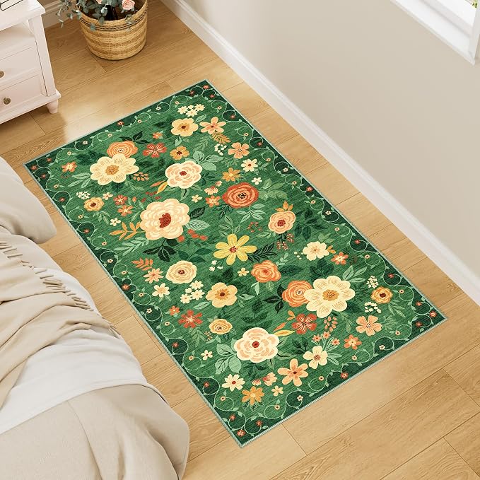DUKINO 2x4 Entryway Rug, Floral Washable Kitchen Rugs Non Slip, Dark Green | Low Pile, Soft Indoor Runner Rug for Hallway, Bedroom, Bathroom, Laundry, Pet Friendly, Modern Home Decor, Stain Resistant