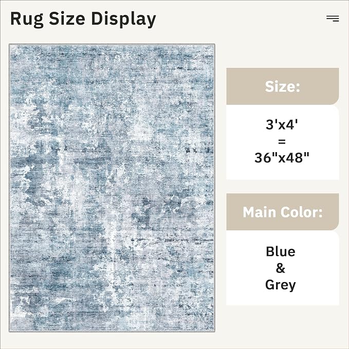 Soalmost Abstract 3x4 Rugs, Small Washable Area Rug for Entryway Blue/Grey | Vintage Low Pile Carpet for Nursery Coffee Table Bathroom, Foldable Stain Resistant Indoor Door Mat Entrance Powder Room