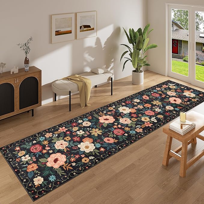 DUKINO 2.6x10 Runner Rug for Hallway, Washable Kitchen Rugs Non Slip, Black | Soft, Low Pile, Floral Indoor Floor Rug Runner for Entryway, Bedroom, Bathroom, Laundry, Pet Friendly, Home Decor, Ultra-Thin