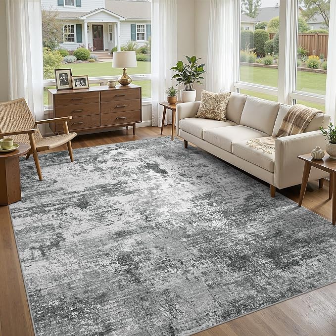 UERMEI 6x9 Area Rug for Living Room - Washable Neutral Modern Abstract Carpet, Non-Slip Soft Large Indoor Floor Rugs for Bedroom Home Office & Under Dining Table Decor, Grey Black