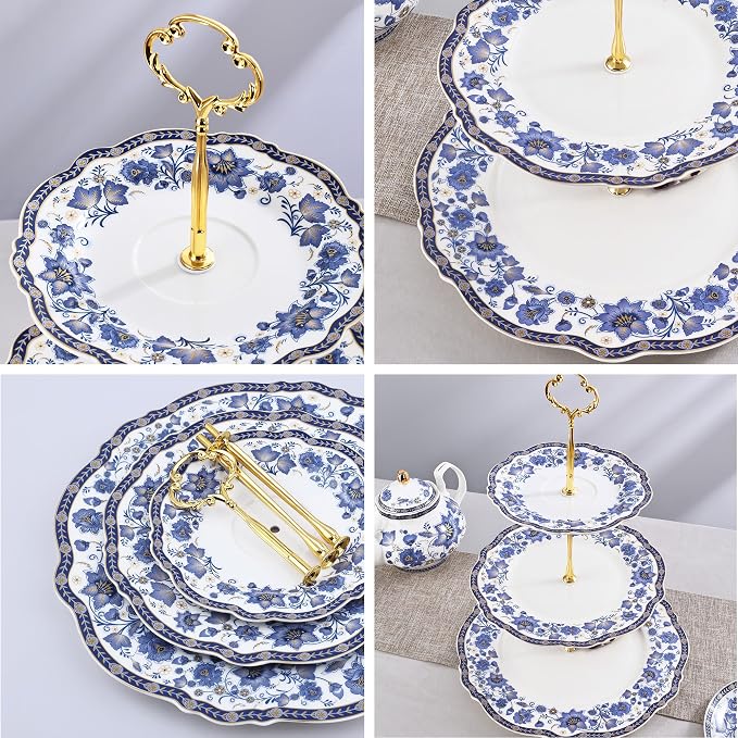 fanquare 3-Tier Blue British Porcelain Cupcake Stand, Elegant Floral Fruit Plate with Gold Trim, Dessert Stand for Birthday, Wedding, Tea Party