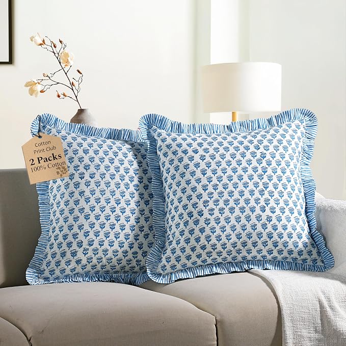 CPC Block Print Ruffle Throw Cover Apatite Blue 24"x24" Inch Pack of 2-100% Cotton Ruffle Couch Decorative Boho Pillows Case for Living Room, Bedroom, Sofa, Farmhouse Gift for Spring, Mother's Day