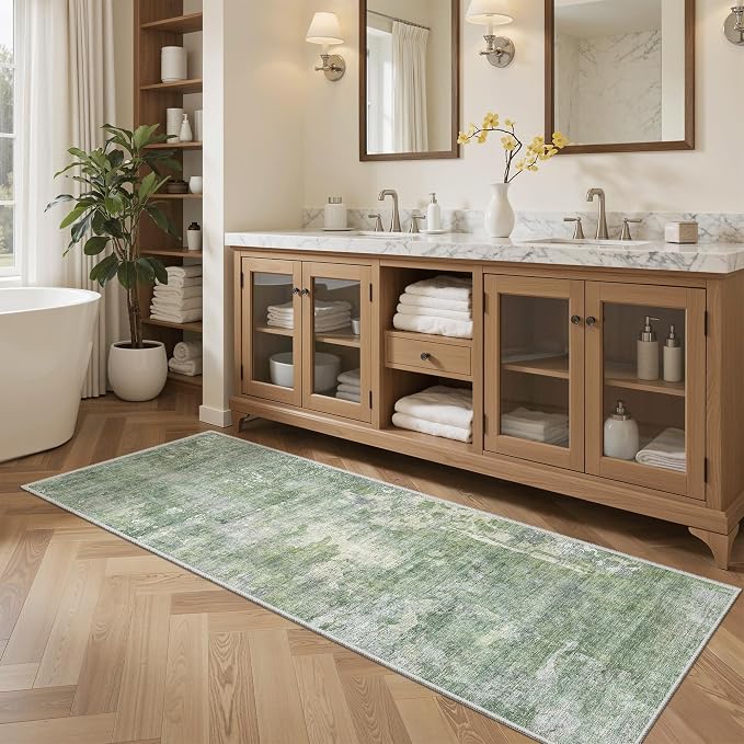 Soalmost Abstratc Runner Rug 2x6 Kitchen Hallway Runners Green/Ivory | Low-Pile Washable Rugs for Entry Bathroom Laundry Room, Vintage Foldable Floor Carpet Mat Entryway for Corridor Bedroom