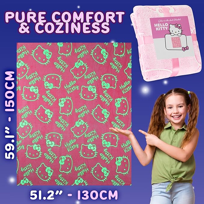 Hello Kitty Sanrio Glow in The Dark Throw Blanket 51x59” for Girls Teens Women, Soft Fleece Throw Blanket for Sofa Bed, Kawaii Gifts for Kids (Pink Hello Kitty)