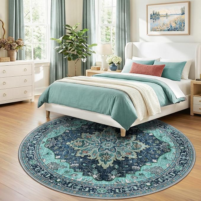 RELEANY Area Rugs Round 8ft Washable Non-Slip, Floral Vintage Distress Medallion Carpet for Living Room Bedroom Dining Room, Teal Green Lake Blue Turquoise