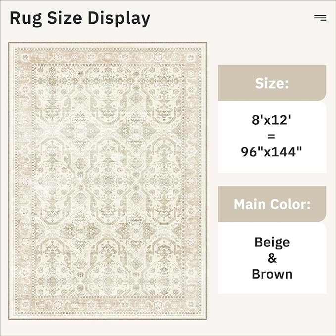 Soalmost 8x12 Area Rugs Large Washable Living Room Rug Non-Slip Beige/Brown | Soft Farmhouse Vintage Carpet for Dining Bedroom, Stain Resistant Low Pile Foldable Thin Floor Mat Under Table Home Decor