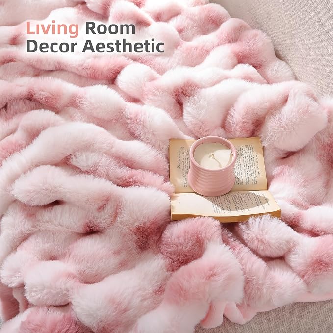 Faux Fur Throw for Couch - Tie-dye Pink Bubble Blanket 60"x80" | Fluffy Plush Fuzzy Throw for Sofa & Bed, Super Soft Cozy Comfrt Blanket, Luxury Aesthetic Pink Decor Gift for Women