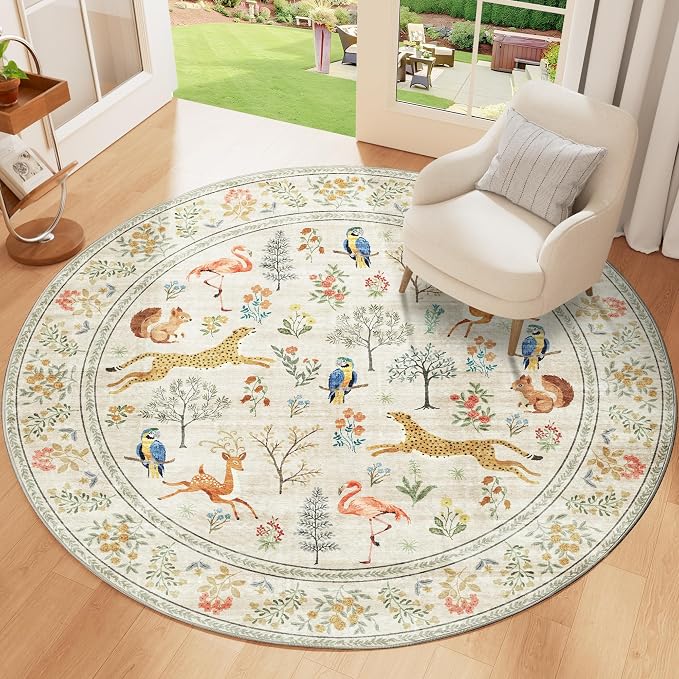DUKINO 4ft Round Rug, Washable Animal Small Round Area Rug Non Slip, Beige | Low Pile, Soft, Non-Shedding Indoor Circle Carpet for Bedroom, Entryway, Living Room, Farmhouse, Pet Friendly, Lightweight
