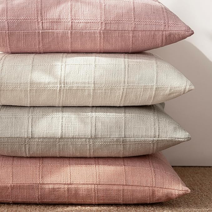 Foindtower Set of 2 Decorative Linen Check Throw Pillow Covers Neutral Farmhouse Vintage Cushion Covers Modern Boho Accent Home Decor for Sofa Chair Couch Bedroom Living Room,22×22 Inch,Coral Pink