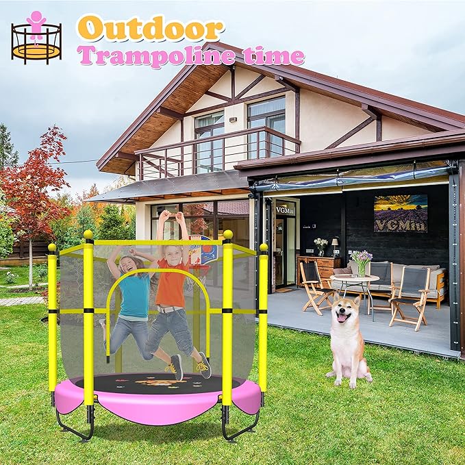 VGMiu 60" Trampoline for Kids, 5 FT Indoor & Outdoor Toddler Baby Trampoline with Basketball Hoop, Safety Enclosure, Birthday Gifts for Kids, Gifts for Boy and Girl, Age 3-8