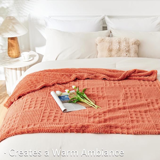 EXQ Home Fleece Throw Blanket for Couch or Bed - 3D Waffle Patchwork Pattern Jacquard Decorative Blankets - Cozy Soft Fuzzy Flannel Blanket Suitable for All Seasons(50"×60",Terracotta)