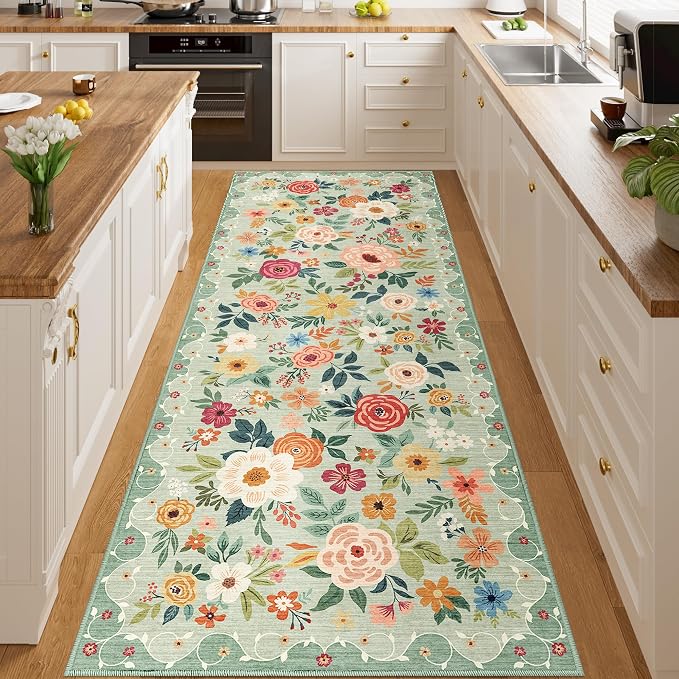 DUKINO 3x8 Kitchen Runner Rug, Washable Rug for Hallway Non Slip, Green | Soft, Low Pile, Floral Indoor Carpet Runner for Hallway, Entryway, Bedroom, Bathroom, Laundry, Pet Friendly, Home Decor
