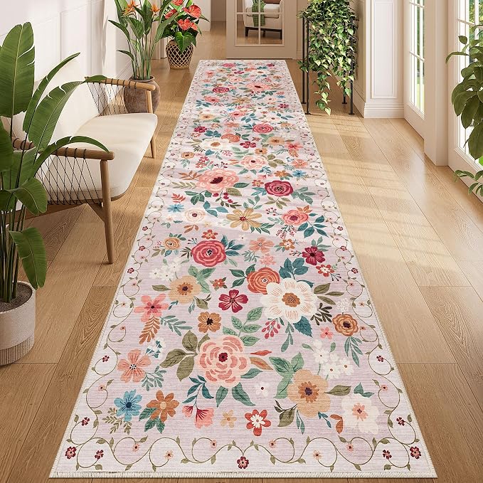 DUKINO 3x12 Washable Runner Rug, Long Hallway Runner Rug Non Slip, Beige | Soft, Low Pile, Floral Indoor Runner Rug for Kitchen, Entryway, Bedroom, Bathroom, Laundry, Modern Home Decor, Non-Shedding