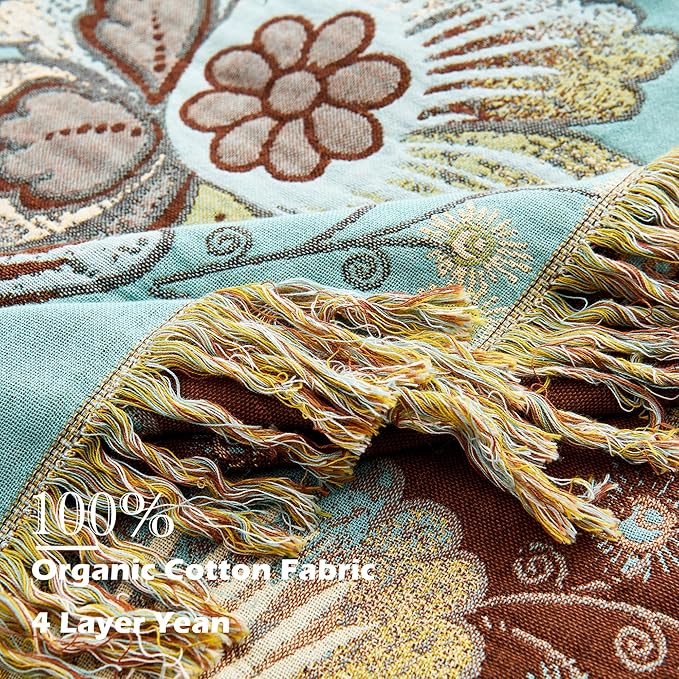 VANJOROY Boho Throw Blanket 80" x 90", 100% Organic Cotton Breathable Skin-Friendly Ultra Soft Bed Quilt Blue Throw - Floral Rustic Decor Luxury Reversible Blanket for Sofa Couch Chair and Gift,