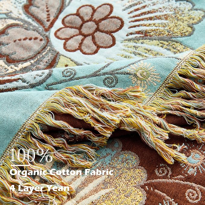 VANJOROY Boho Throw Blanket 60" x 80", 100% Organic Cotton Breathable Skin-Friendly Ultra Soft Bed Quilt Blue Throw - Floral Rustic Decor Luxury Reversible Blanket for Sofa Couch Chair and Gift,