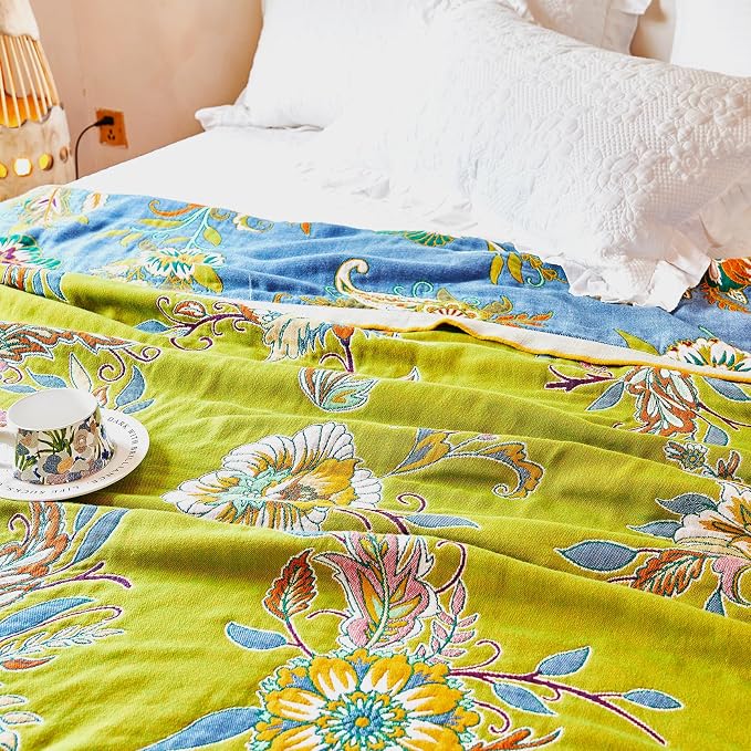 VANJOROY Boho Throw Blanket 80" x 90", 100% Organic Cotton Breathable Ultra Soft Bed Quilt Throw - All Season Luxury Floral Farmhouse Decor Blanket for Sofa Couch Chair and Gift. Green/Blue
