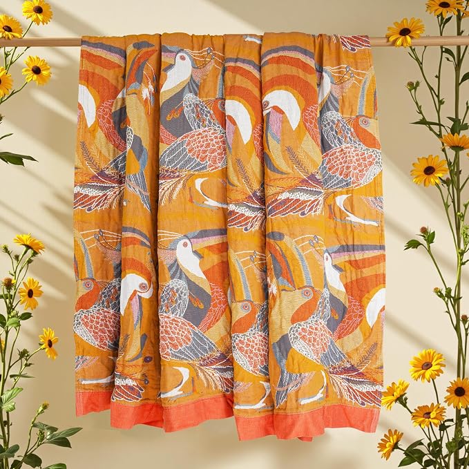 VANJOROY Boho Large Throw Blanket, 100% Organic Muslin Cotton Breathable Soft Bed Throw - Floral Bird Farmhouse Decor Blanket for Sofa Couch Chair Quilt and Gift. 80" x 90"- Colorful