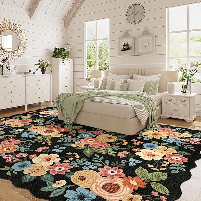 DUKINO 8x10 Area Rug for Living Room, Floral Washable Rug Non Slip, Black | Soft, Low Pile, Stain Resistant Throw Large Rug for Bedroom, Dining Room, Nursery, Kids Playroom, Pet Friendly, Home Decor