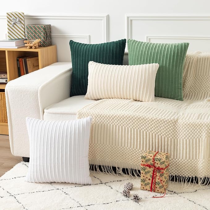 UGASA Velvet 20x20 Inch Soft Throw Pillow Cover Decorative Striped Corduroy Both Sides Solid Square Cushion Case Boho Farmhouse for Couch Bedroom Sofa Home, 1 Piece, New-Dark Green