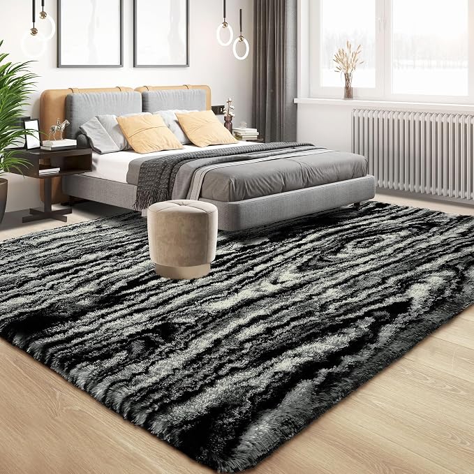 Tepook Fluffy Large Rugs for Living Room, 8x10 Area Rugs for Bedroom, Modern Shag Fuzzy Carpets for Kids Boys Girls, Plush Indoor Nursery Home Decor Rug with Non-Slip Bottom, Black White