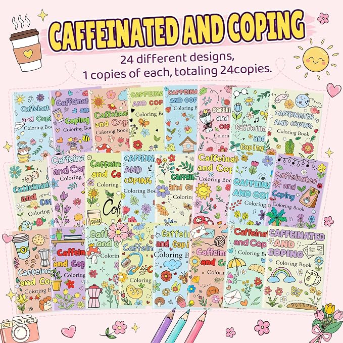 Liliful 24 Pcs Coffee and Coping Coloring Book Bulk Mini Coloring Books for Kids Adults DIY Art Relaxation Drawing Book with Patterns, Party Favors, Goodie Bag Filler and Holiday Gifts