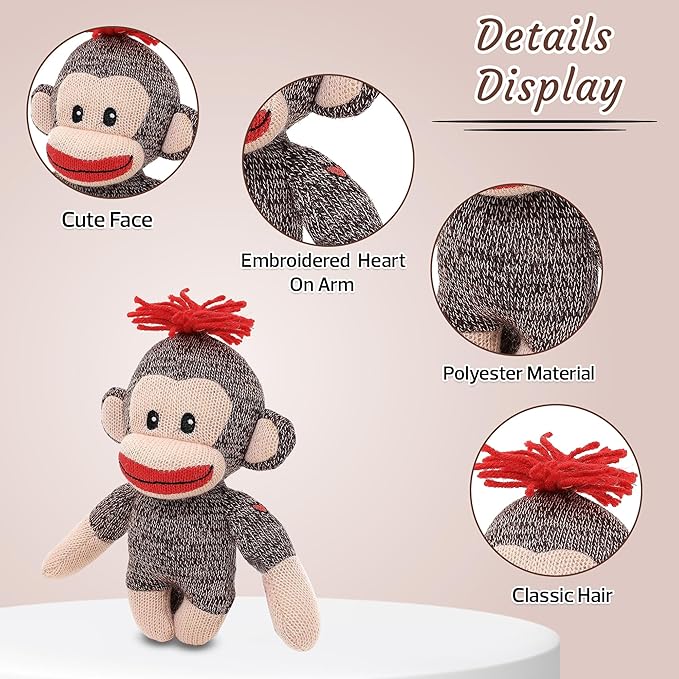 Plushland Adorable Sock Monkey, The Original Traditional Hand Knitted Stuffed Animal Toy Gift-for Kids, Babies, Teens, Girls and Boys Baby Doll Present Puppet 6 Inches (Curioso)