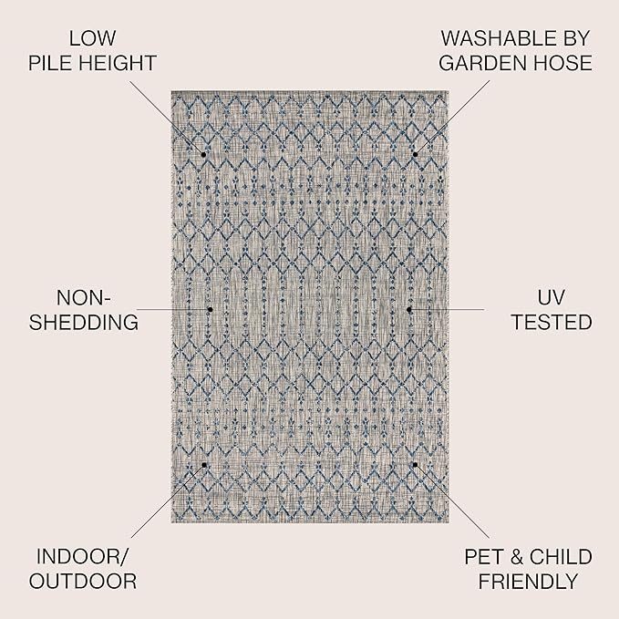 JONATHAN Y Moroccan Geometric Indoor Outdoor Square Area Rug 8X8 Light Gray/Navy, Ourika Textured Weave for Backyard, Patio, Porch, Easy-Cleaning, High Traffic, Pet-Friendly, Non-Shedding SMB108A-8SQ
