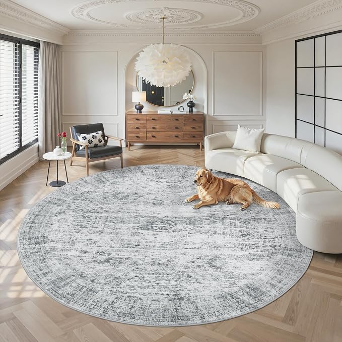 Soalmost Round Rugs 9ft Living Room Circle Area Rug 9x9 Grey Vintage | Washable Non Slip Indoor Carpet for Apartment, Dining Bedroom, Soft Low Pile Stain Resistant Foldable Floor Mat Entryway