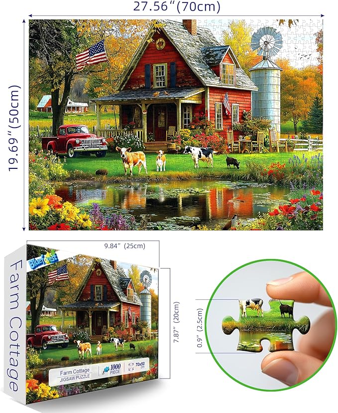 Autumn Farm Jigsaw Puzzles 1000 Pieces for Adults - Vintage Country Scene with Red Farmhouse & Pickup Truck, Family-Friendly Countryside Puzzle Games with Reference Poster （27.6"x19.7"）
