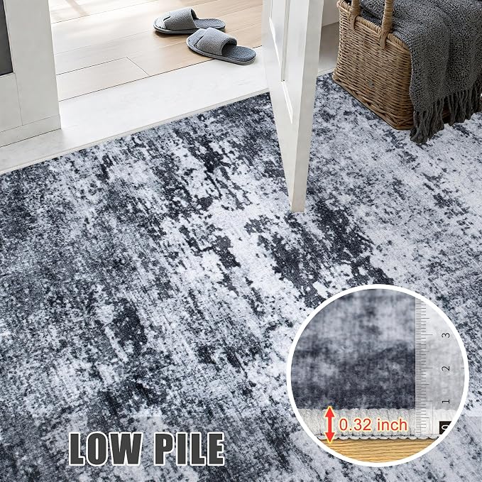 2.6'x14' Runner Rug Washable Rug: Modern Abstract Soft Thin Runner Rug Black
