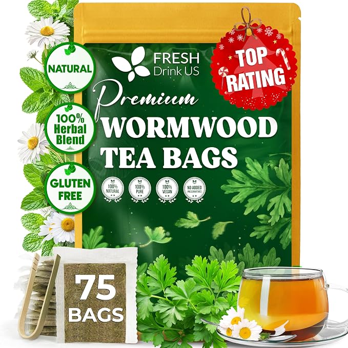FreshDrinkUS, Premium Wormwood Tea - 75 Tea Bags - Handcrafted Herbal Blend, Caffeine-Free – Smooth Taste & Naturally Refreshing.