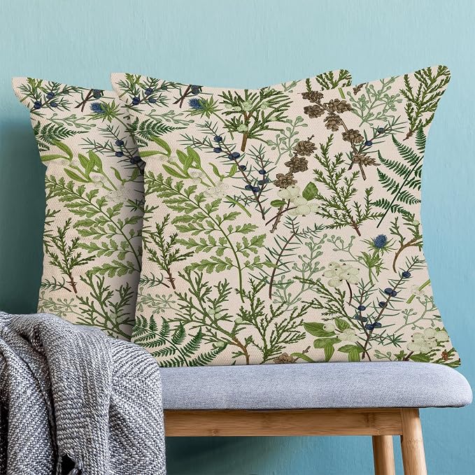 AEIOAE Spring Pillow Covers 18x18 Inch Set of 2,Vintage Sage Green Wild Flower Plant Throw Pillows Case,Seasonal Floral Outdoor Decorative Linen Farmhouse Decor Cushion Covers for Sofa Bed Couch