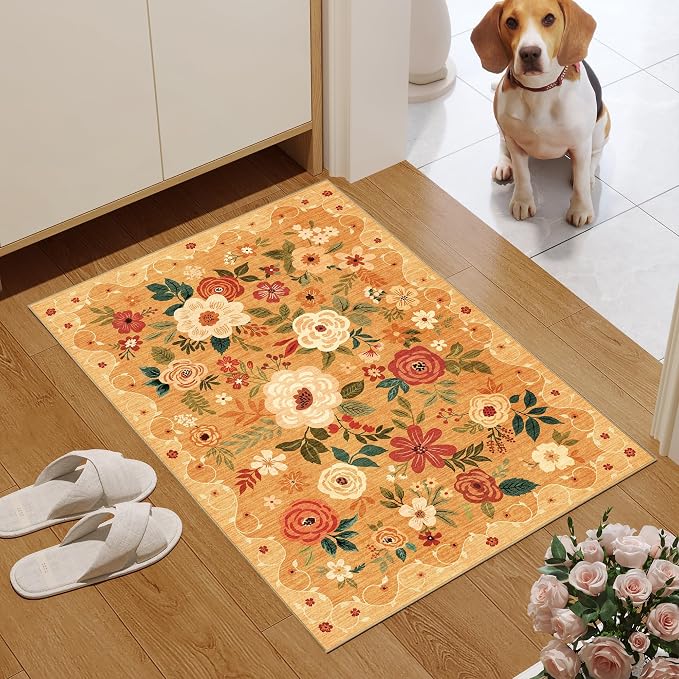 DUKINO 2x3 Entryway Rug, Floral Door Mat Soft Washable Rug Non Slip, Orange | Low Pile, Non-Shedding Small Rug for Kitchen, Entrance, Bedroom, Bathroom, Pet Friendly, Stain Resistant, Modern Home Decor